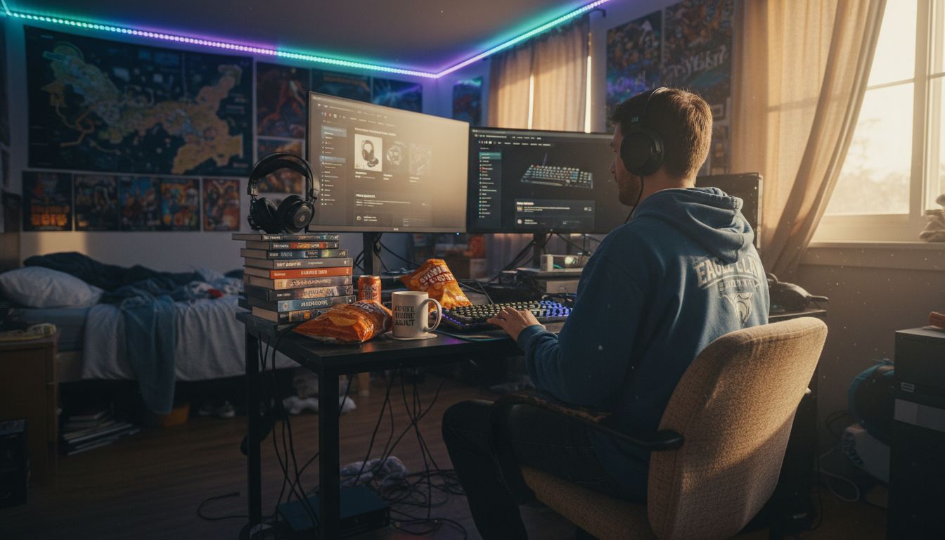 Gamer shopping for products at cluttered desk