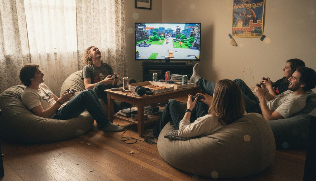 Gamers gathered in living room playing