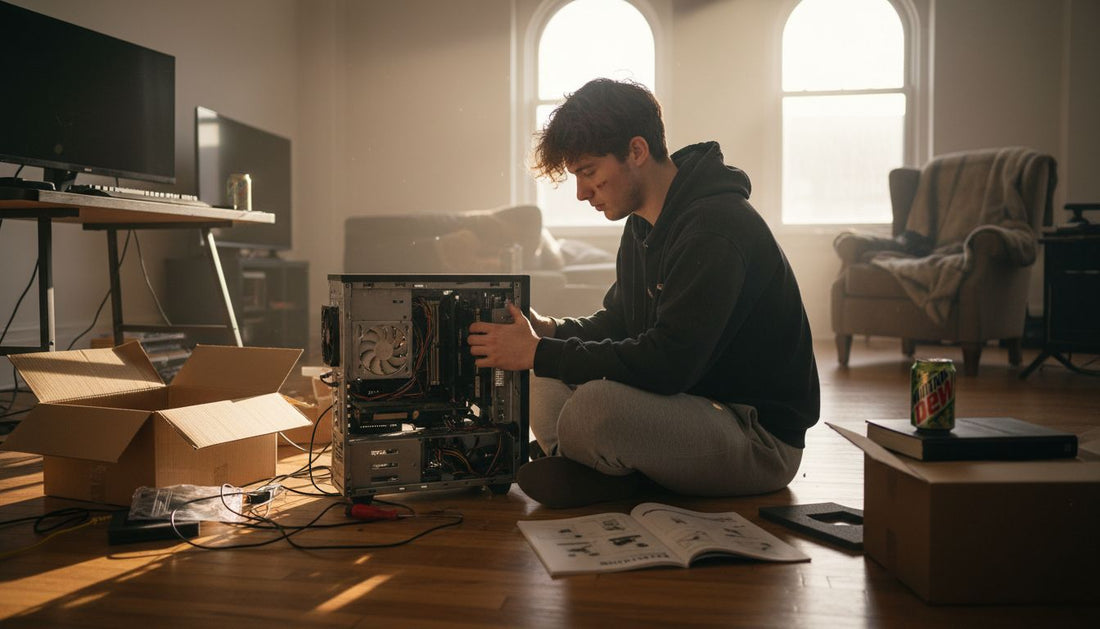 Gamer assembling PC in sunlight-filled loft