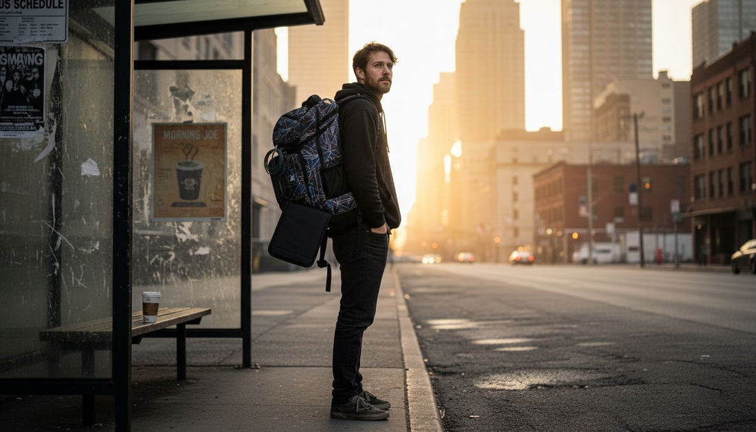 Gamer waits at city bus stop with backpack