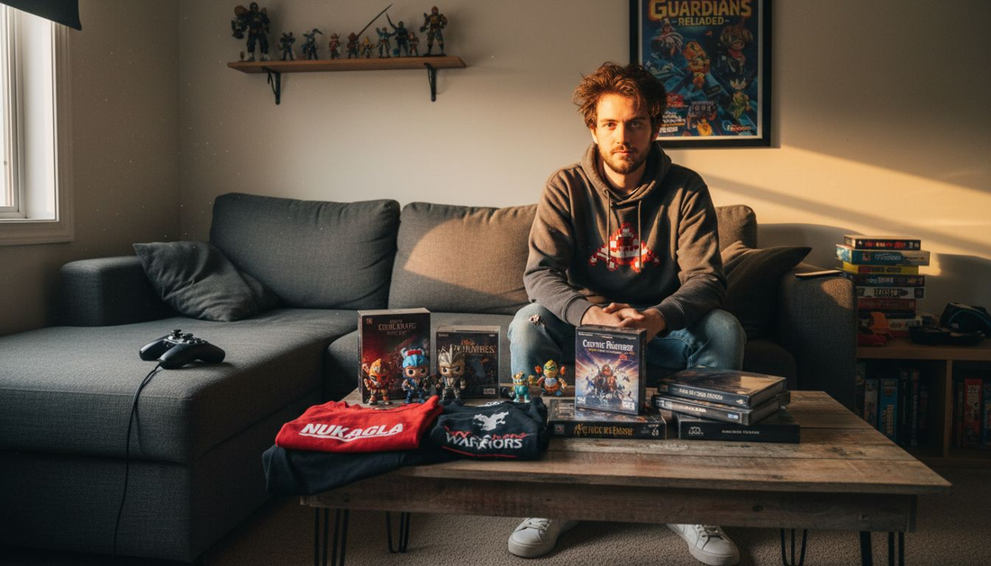 Gamer sorting video game merchandise at home