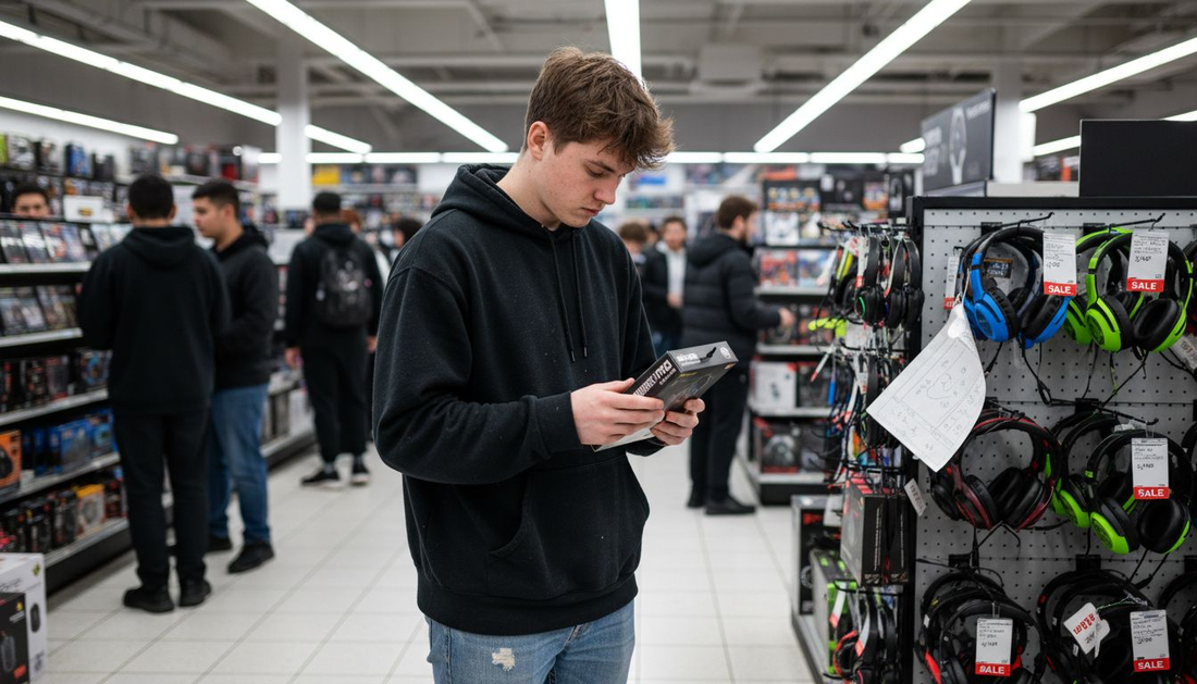 Gamer comparing gaming gear in retail aisle