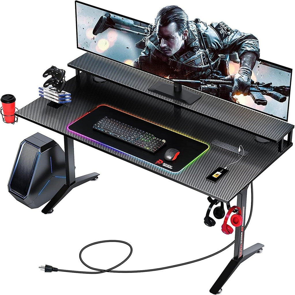 Gaming Desk 55INCH with RGB Mouse Pad & Power Outlet, Carbon Fiber Surface Gamer Desk with Monitor Stand, Ergonomic Y Shaped Gamer Table with Cup Holder, Headphone Hook, Outlet Organizer