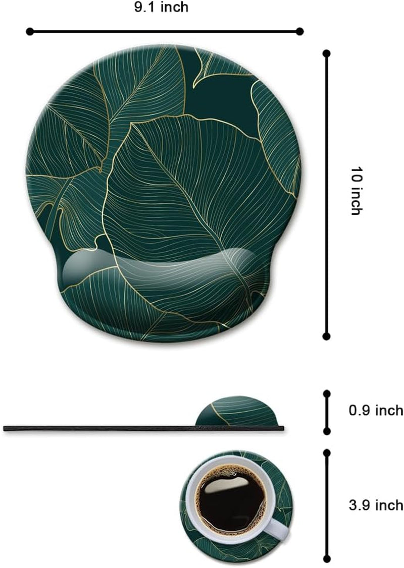 Ergonomic Mouse Pad with Wrist Support Gel Mouse Pad with Wrist Rest, Comfortable Computer Mouse Pad for Laptop, Pain Relief Mousepad with Non-Slip Rubber Base,Green Leaves
